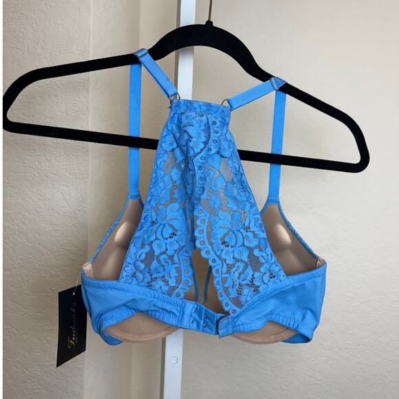 Fredericks of Hollywood Blue Heartthrob Lace Pushup Underwire Racerback Bra 32DD - Picture 4 of 4